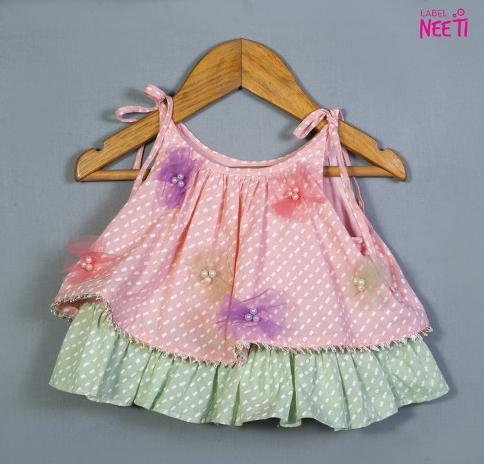 Printed Tie Up Strap Top And Lehenga in Pastel Colors