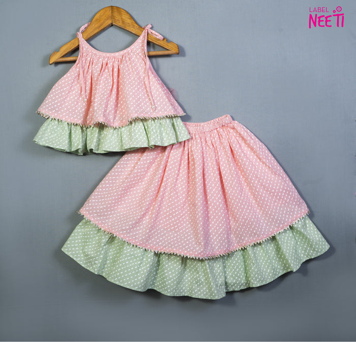 Printed Tie Up Strap Top And Lehenga in Pastel Colors