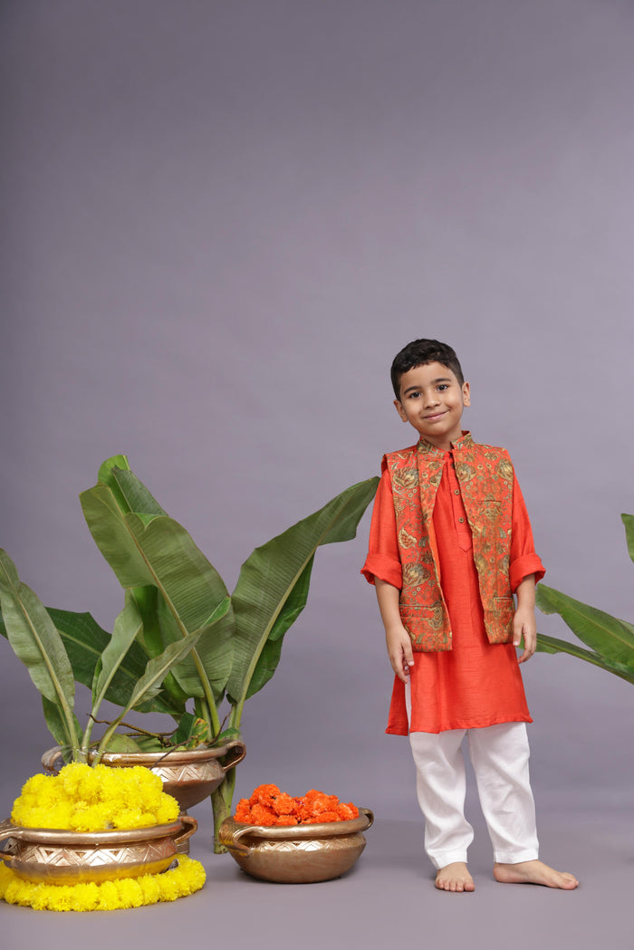 Banarasi Jacquard Printed Bandhgala with Orange Kurta and Pyjama