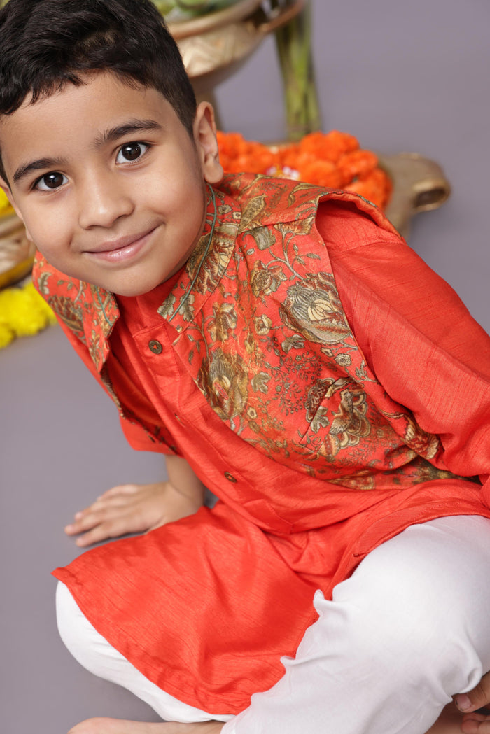 Banarasi Jacquard Printed Bandhgala with Orange Kurta and Pyjama