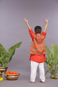 Banarasi Jacquard Printed Bandhgala with Orange Kurta and Pyjama