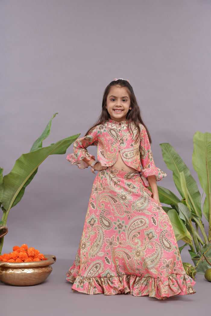 Banarasi Jacquard Floral Printed Top and Lehenga in Pink