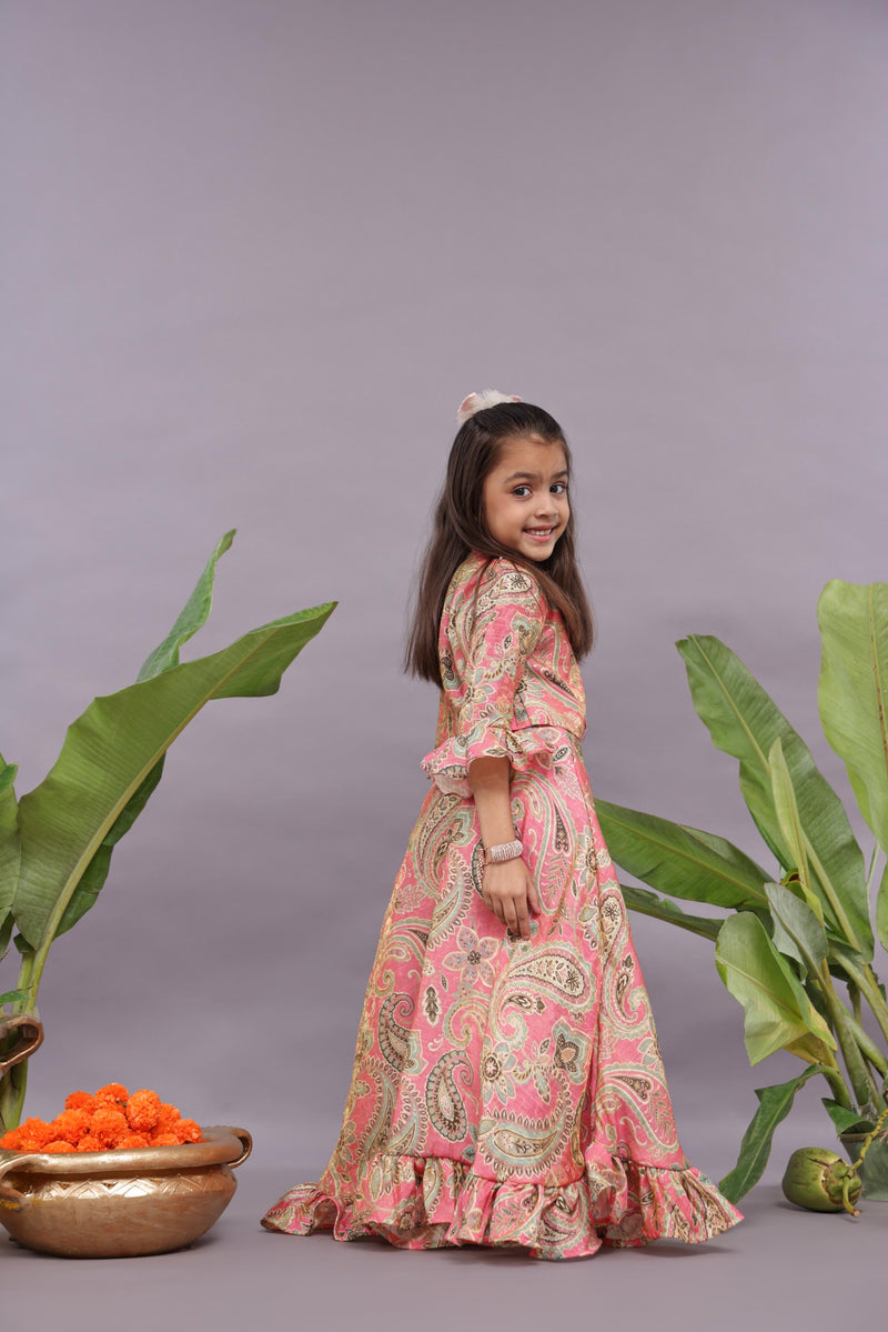 Banarasi Jacquard Floral Printed Top and Lehenga in Pink