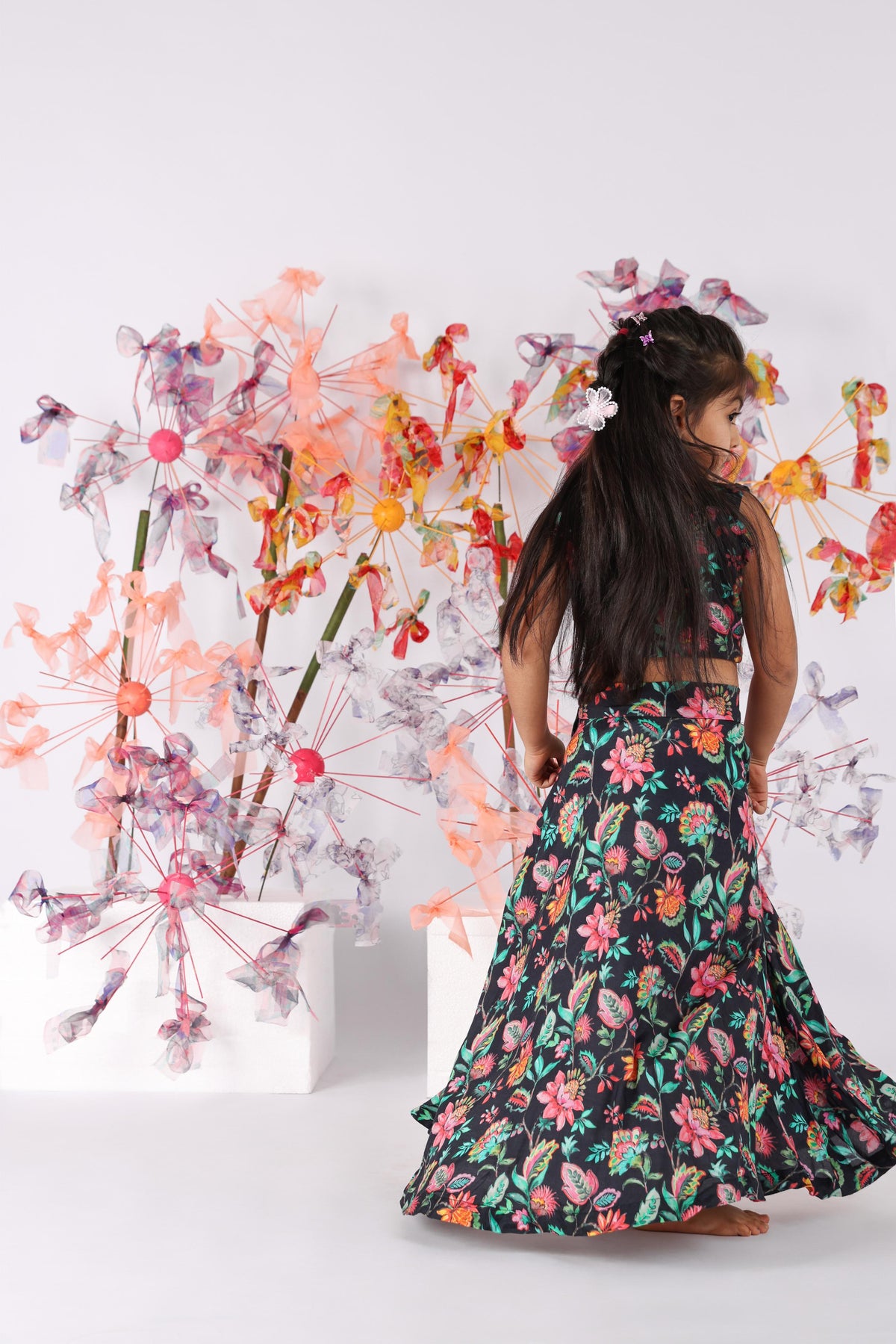 Black Floral Printed Lehenga and Sequence Embroidered Top