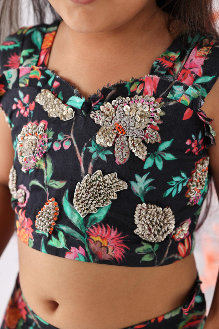 Black Floral Printed Lehenga and Sequence Embroidered Top
