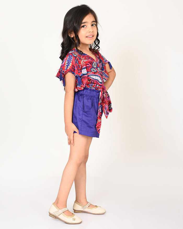 Sassy Boho Girls Purple Crop Top With Shorts Set From The Sibling Collection