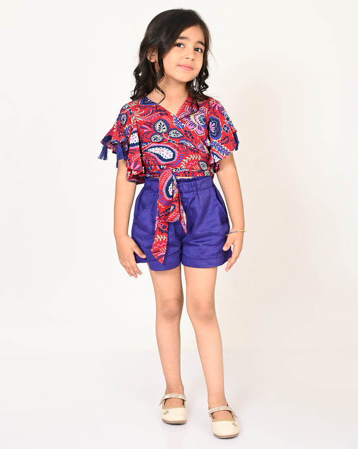Sassy Boho Girls Purple Crop Top With Shorts Set From The Sibling Collection