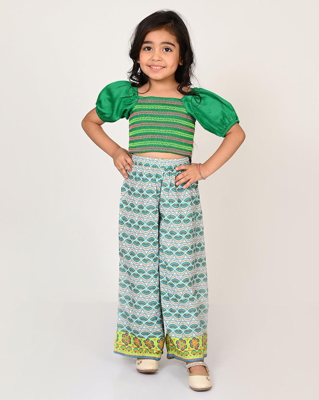Sassy Boho Girls Green Crop Top With Pants Set From The Sibling Collection