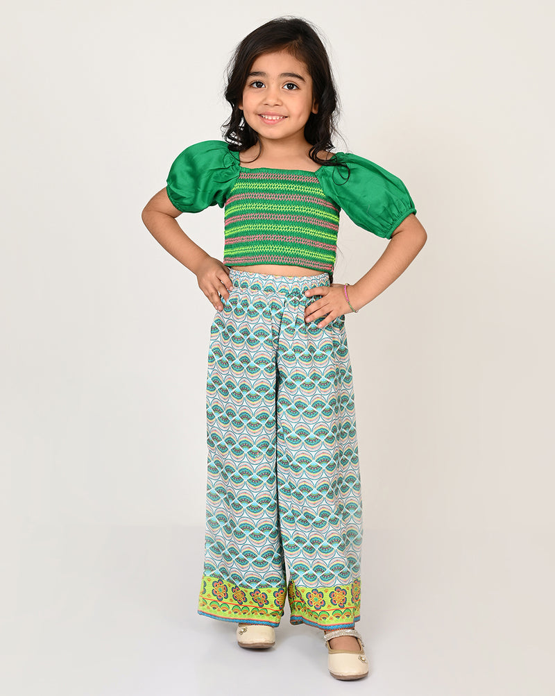 Sassy Boho Girls Green Crop Top With Pants Set From The Sibling Collection