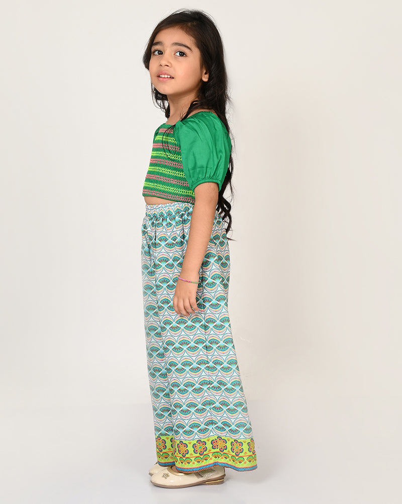 Sassy Boho Girls Green Crop Top With Pants Set From The Sibling Collection
