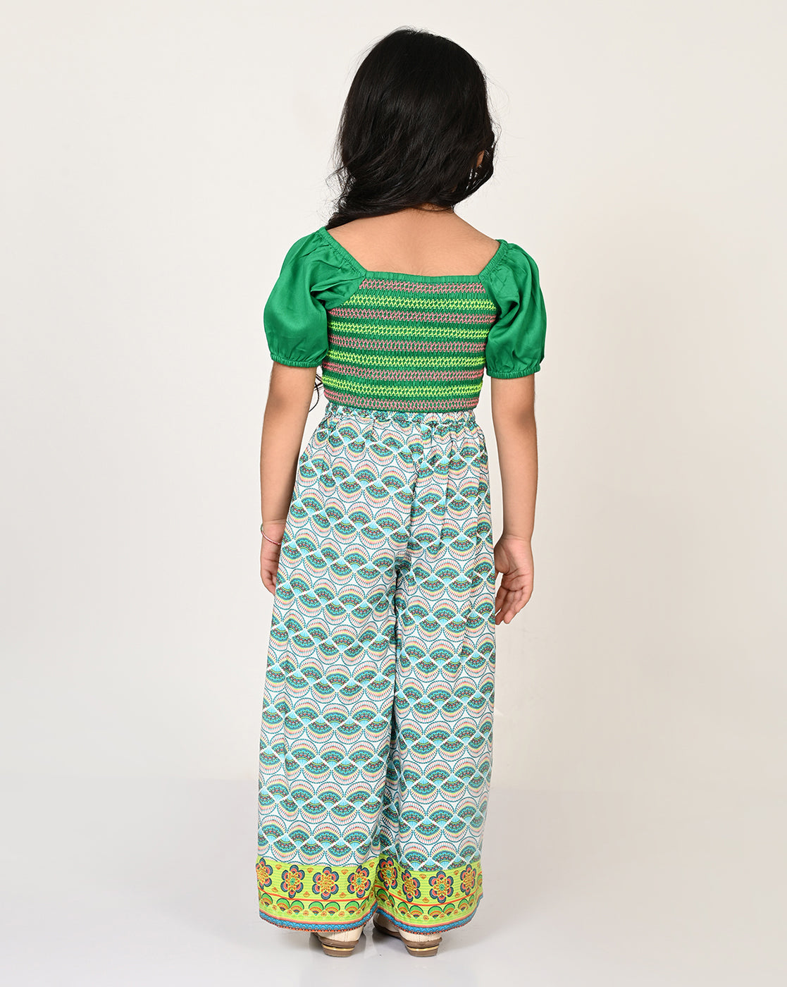 Sassy Boho Girls Green Crop Top With Pants Set From The Sibling Collection