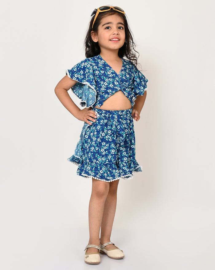 Sassy Boho Girls Blue Crop Top with Skirt Set From The ibling Collection