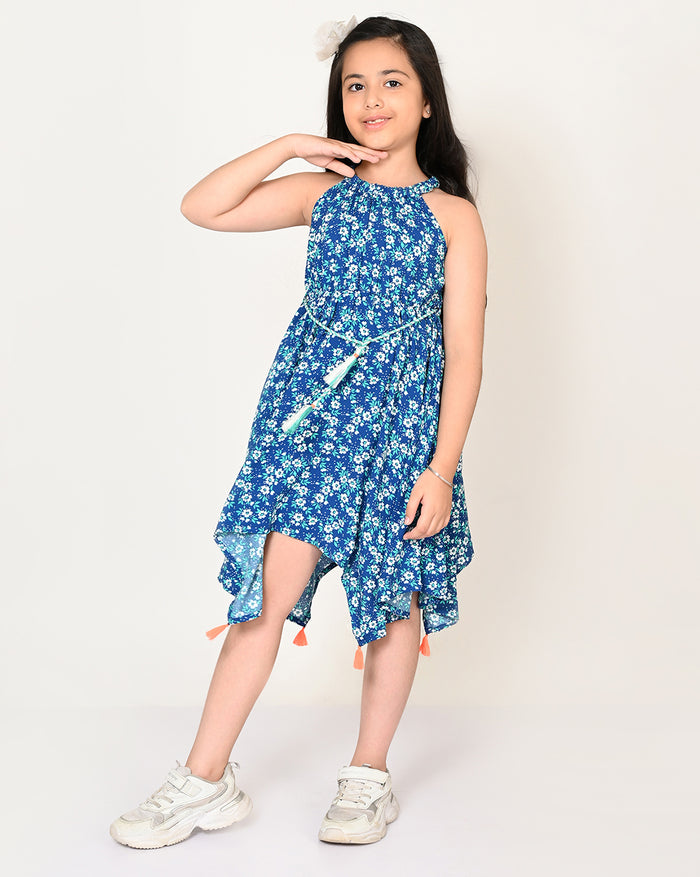Sassy Boho Girls Blue Hanky Hem Dress From The Sibling Collection