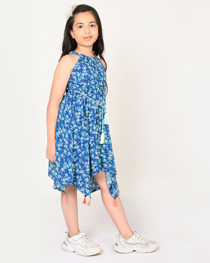 Sassy Boho Girls Blue Hanky Hem Dress From The Sibling Collection