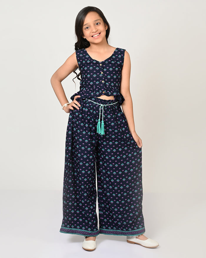 Sassy Boho Girls Blue Crop Top With Palazzo Set From The Sibling Collection