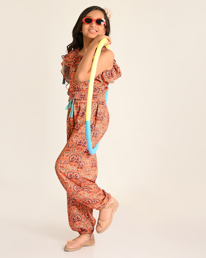 Sassy Boho Girls Orange Crop Top With Joggers Set From The Sibling Collection