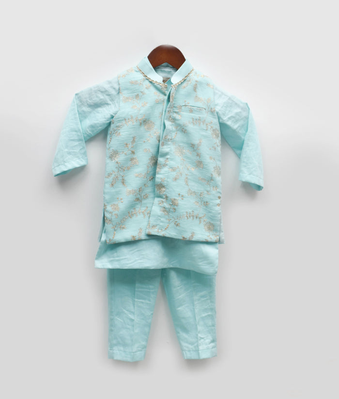 Blue Embroidered Nehru Jacket Set