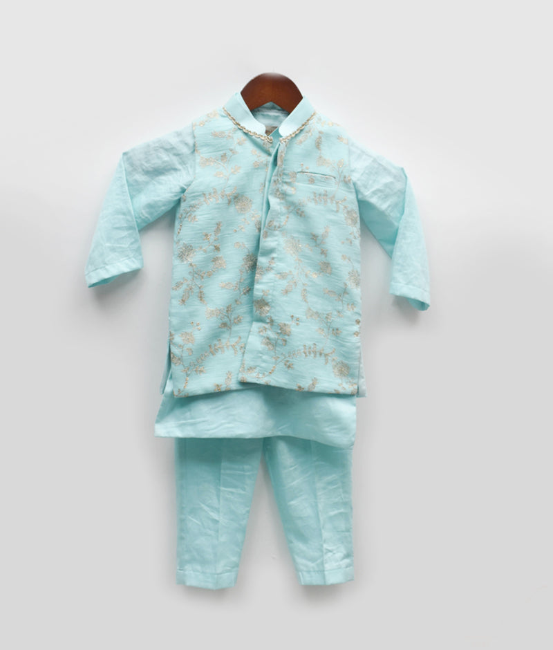 Blue Embroidered Nehru Jacket Set