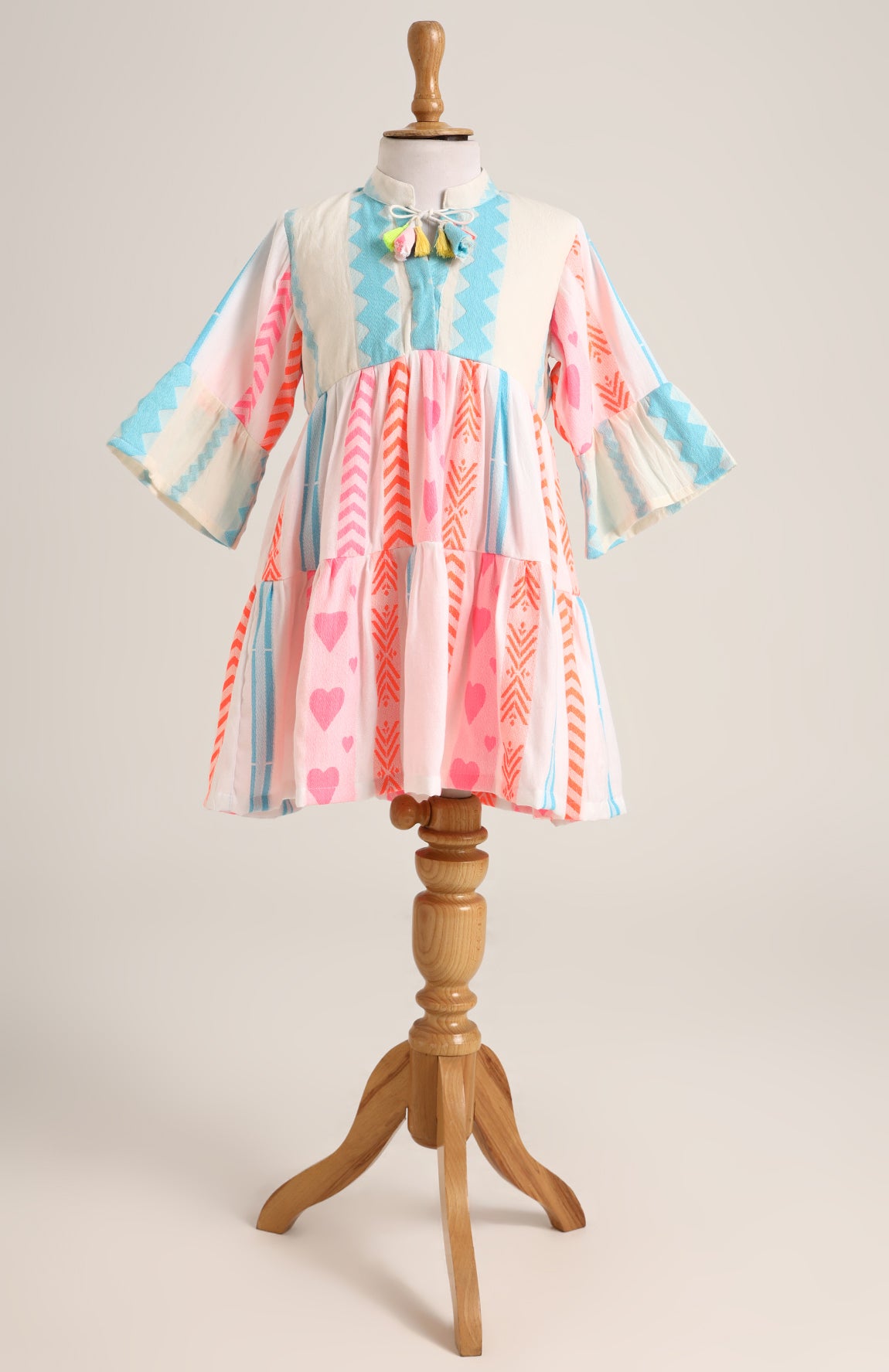 Cotton Dress with Bell Sleeves. Detailed with Dori and Tassels