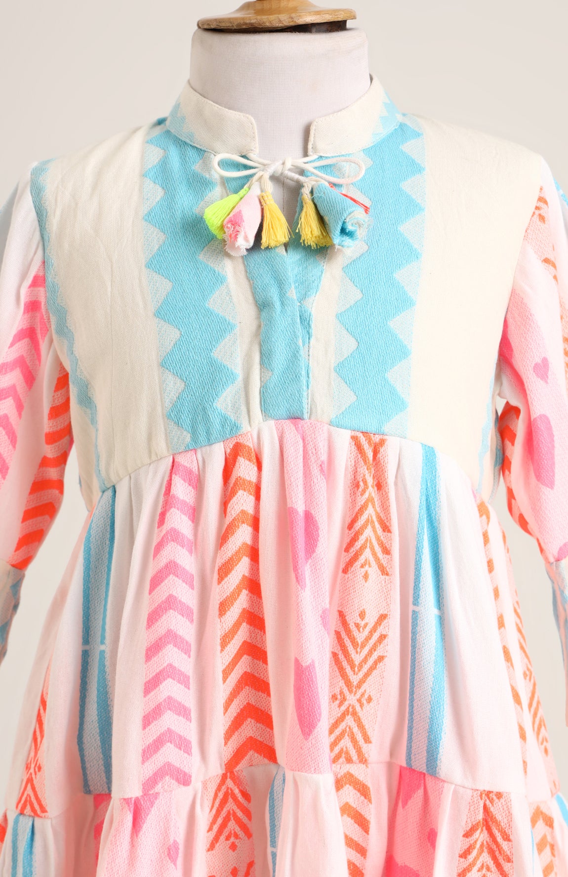 Cotton Dress with Bell Sleeves. Detailed with Dori and Tassels