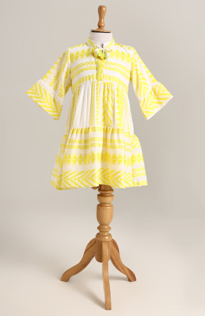 Cotton Dress with Bell Sleeves. Detailed with Dori and Tassels