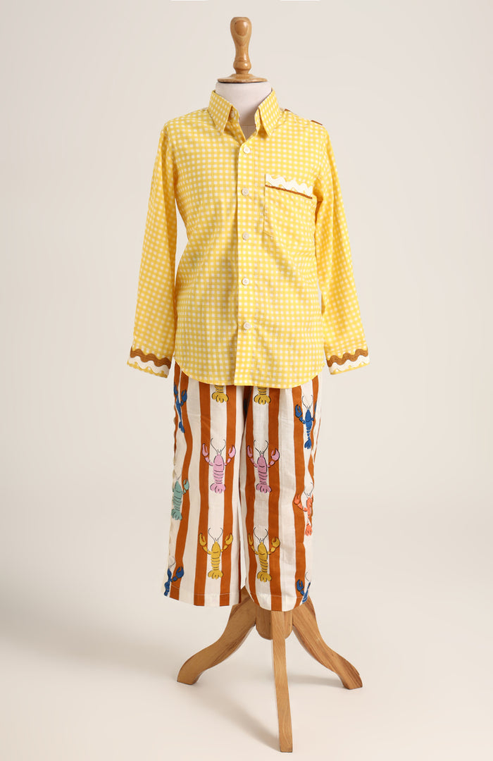 Lobster Colourful print full sleeves co-ord set . With detailing on the back of the shirt