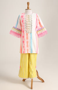 Handloom Cotton Kurta paired with Silver Lurex Pants. Detailed with mirror lace.