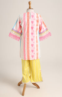 Handloom Cotton Kurta paired with Silver Lurex Pants. Detailed with mirror lace.