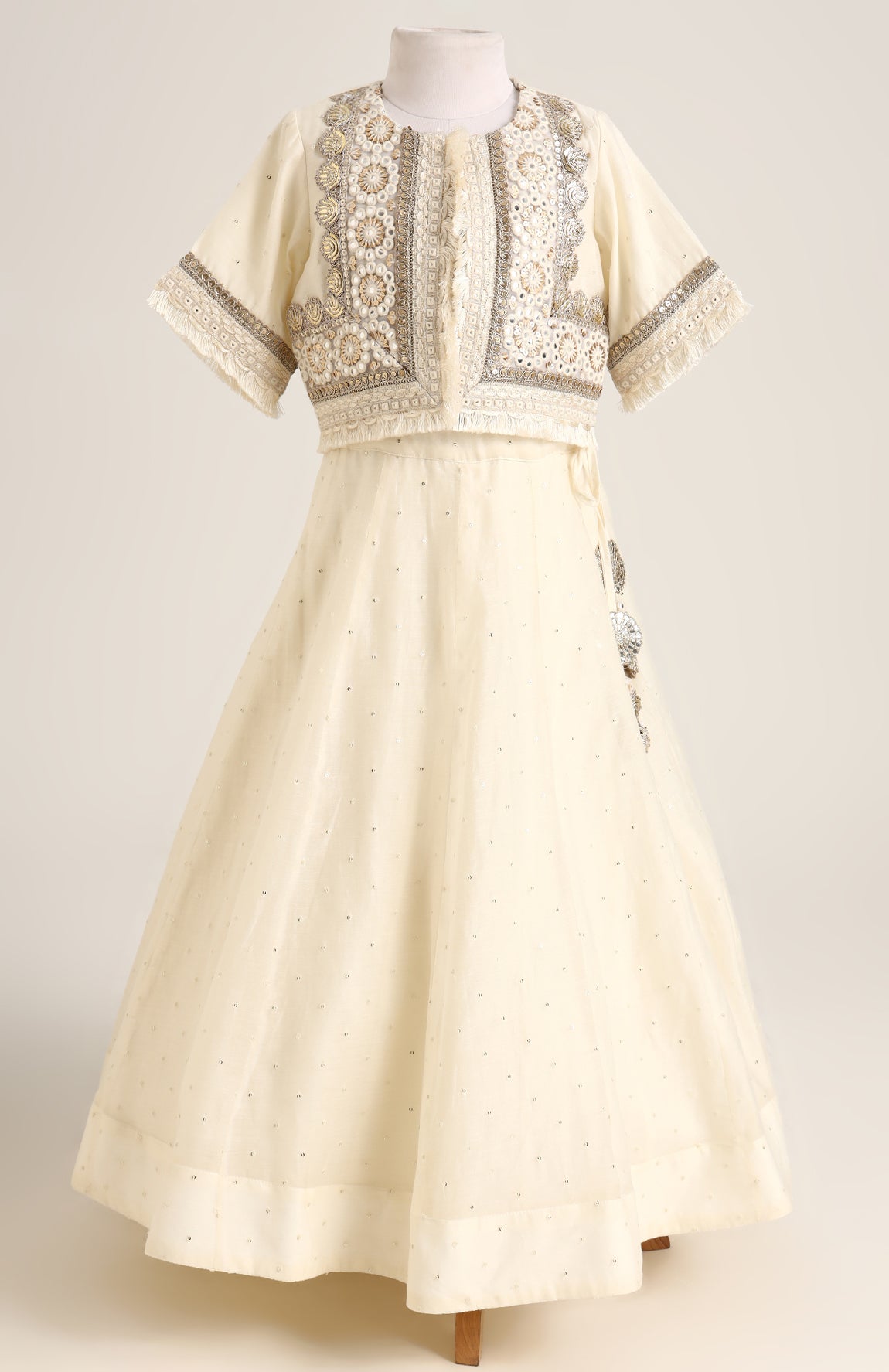 Chanderi Jacket style choli paired with a chanderi lehnga with sequin emb and Soft Net Dupatta.