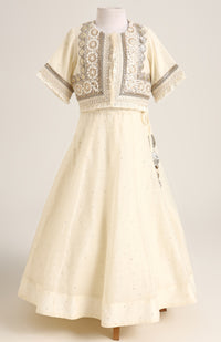 Chanderi Jacket style choli paired with a chanderi lehnga with sequin emb and Soft Net Dupatta.