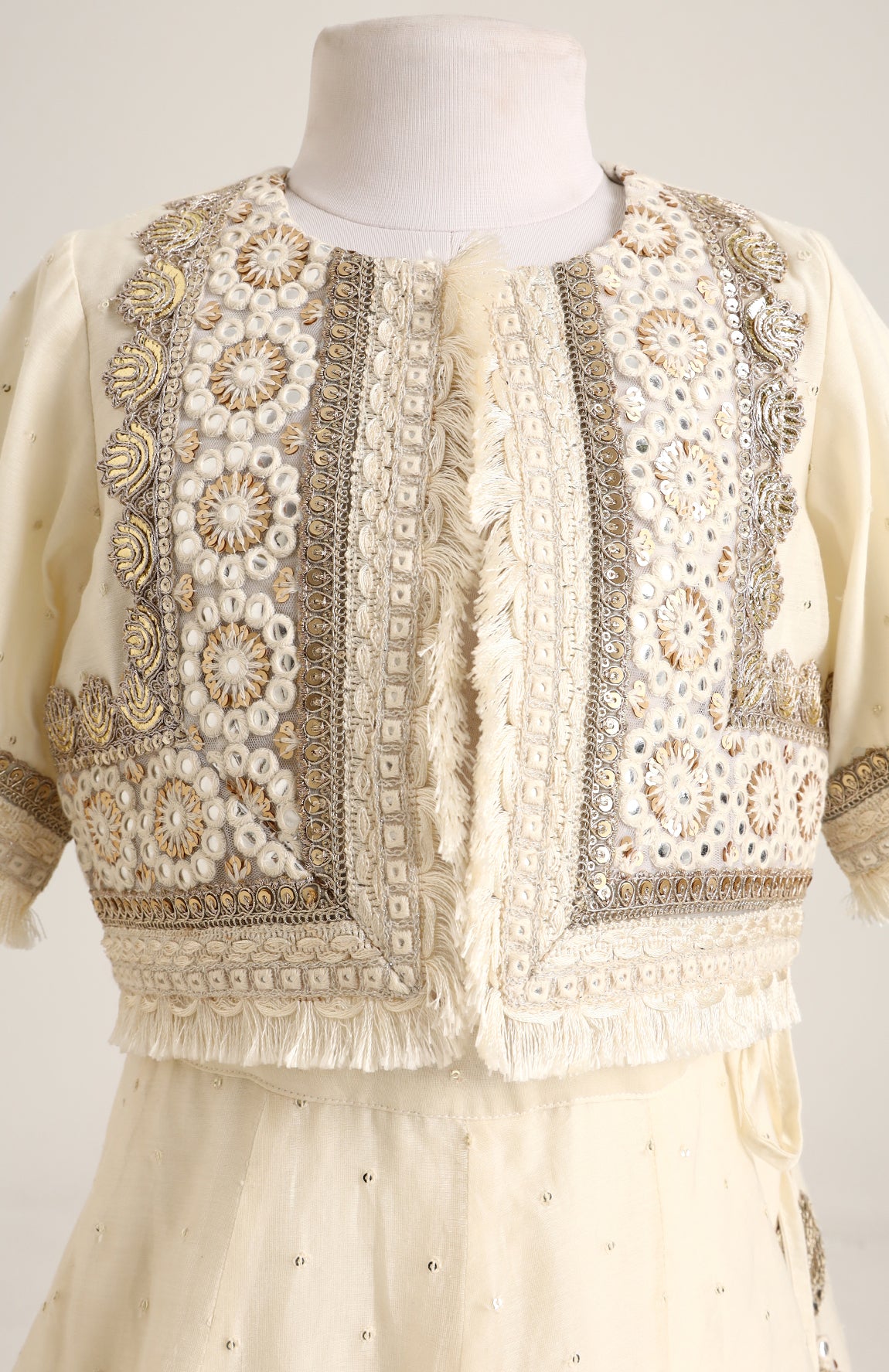Chanderi Jacket style choli paired with a chanderi lehnga with sequin emb and Soft Net Dupatta.
