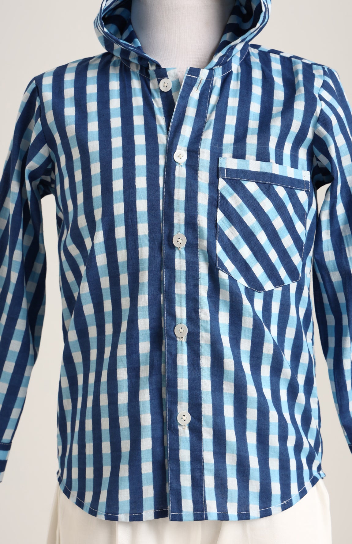 Cotton checks shirt with Hoodie. Shorts not included.