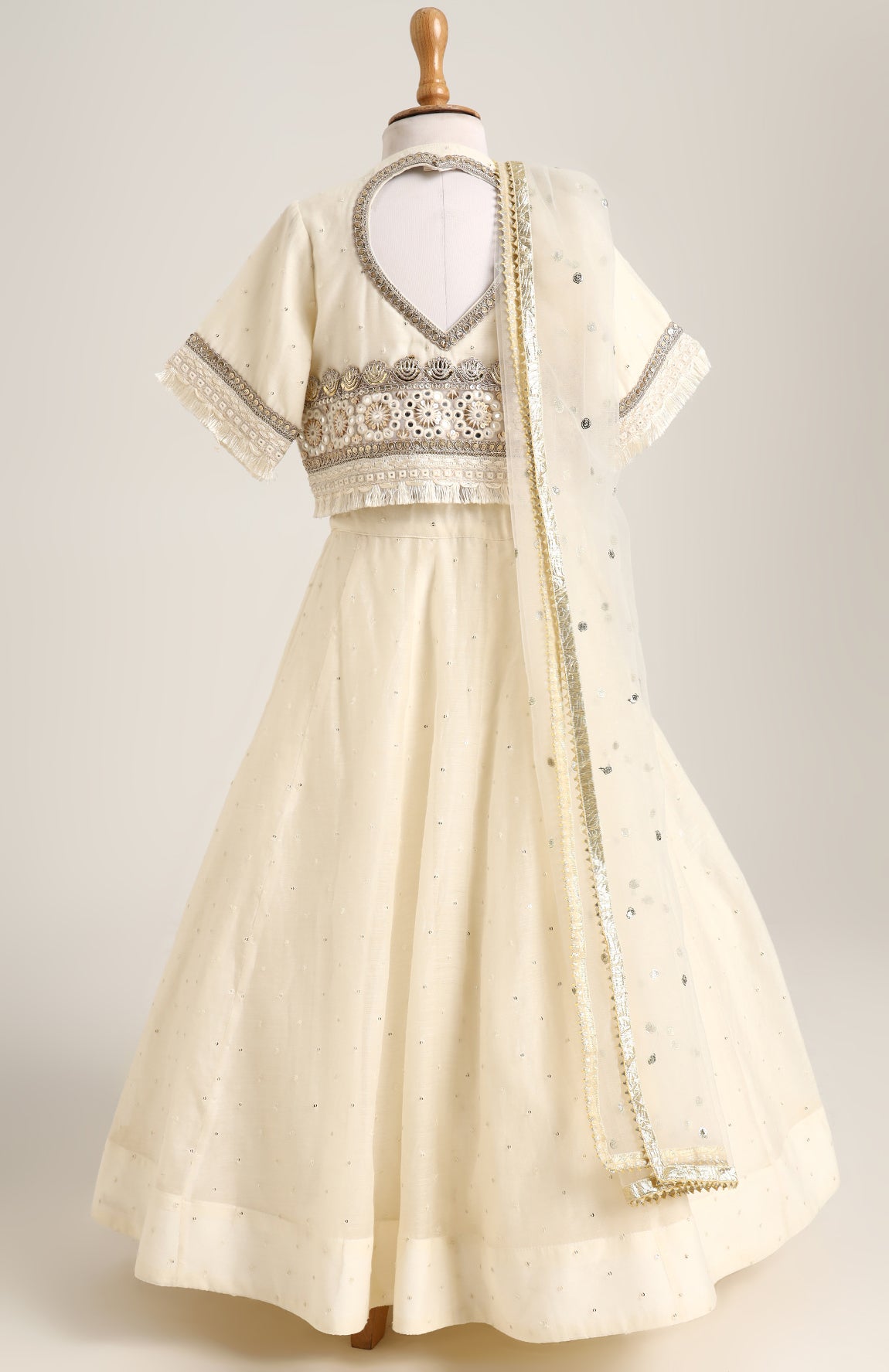 Chanderi Jacket style choli paired with a chanderi lehnga with sequin emb and Soft Net Dupatta.