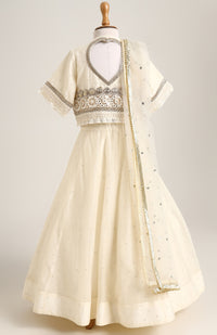 Chanderi Jacket style choli paired with a chanderi lehnga with sequin emb and Soft Net Dupatta.