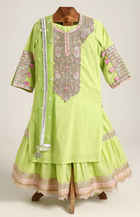 Mulmul Plain Kurta and Sharara paired with Soft Net dupatta. Detailed with big Neck Patch and Gota Patti/Lace