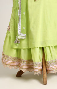 Mulmul Plain Kurta and Sharara paired with Soft Net dupatta. Detailed with big Neck Patch and Gota Patti/Lace