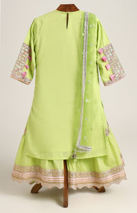 Mulmul Plain Kurta and Sharara paired with Soft Net dupatta. Detailed with big Neck Patch and Gota Patti/Lace
