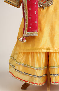 Chanderi Plain Kurta and Sharara paired with Soft Net dupatta. Detailed with big Neck Patch and Gota Patti/Lace