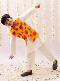 Genda Phool White Kurta and Pant with Mustard Jacket Set for Boys