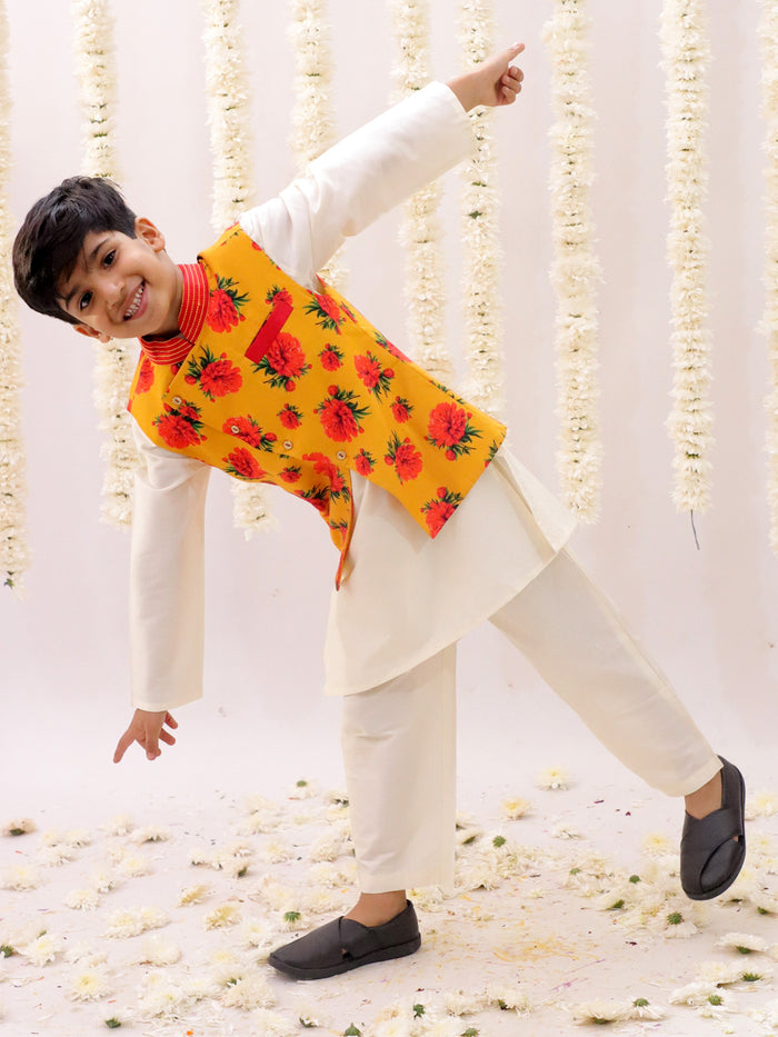 Genda Phool White Kurta and Pant with Mustard Jacket Set for Boys