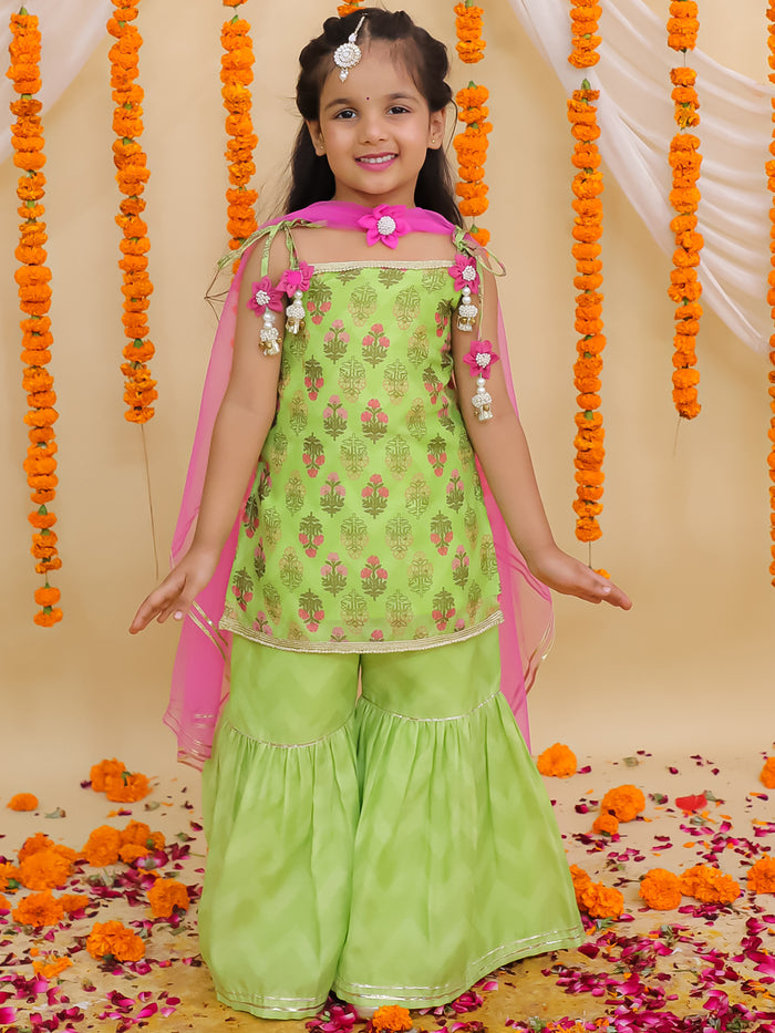Khilkhilahat Green Kurta Sharara with Pink Dupatta Set For Girls