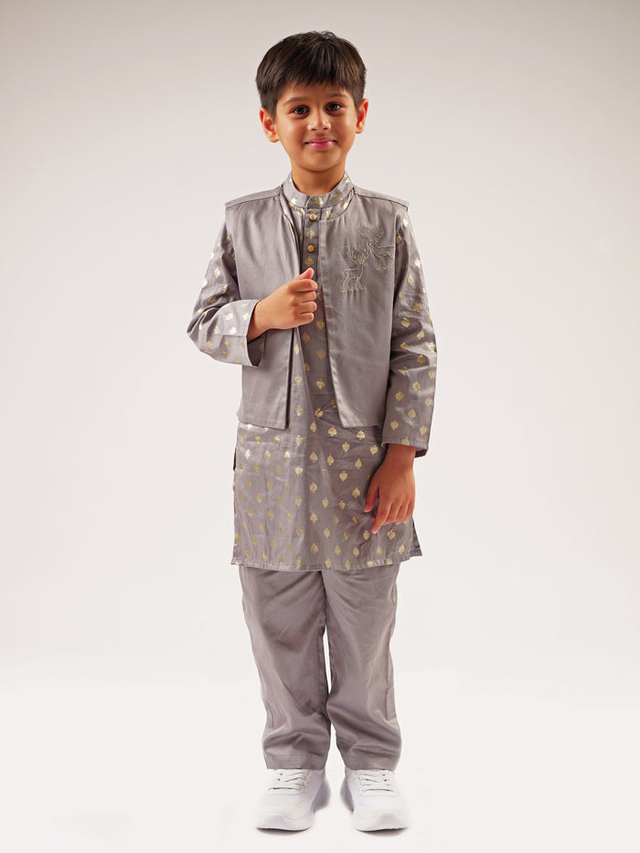 Mehfil Grey Kurta Pant Jacket Set For Boys