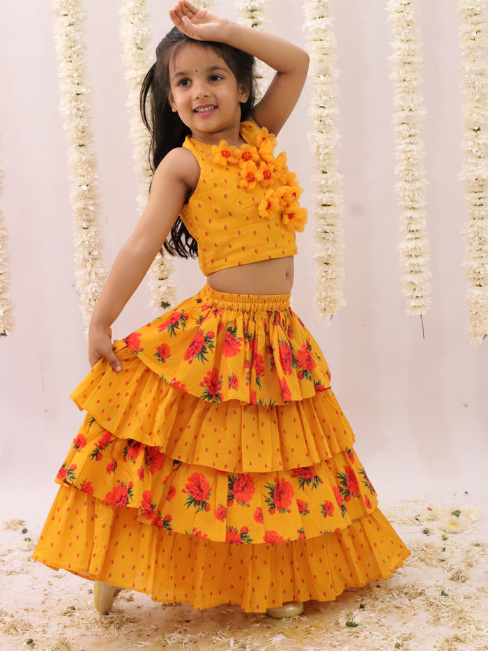 Genda Phool Mustard Choli and Lehanga Set For Girls