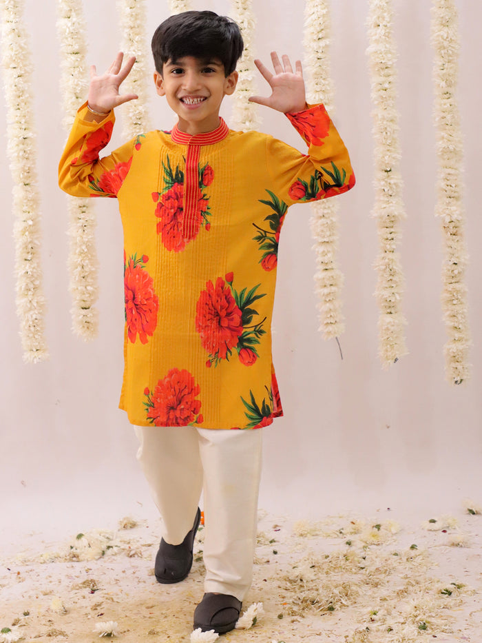 Genda Phool Mustard Kurta and White Pant Set for Boys