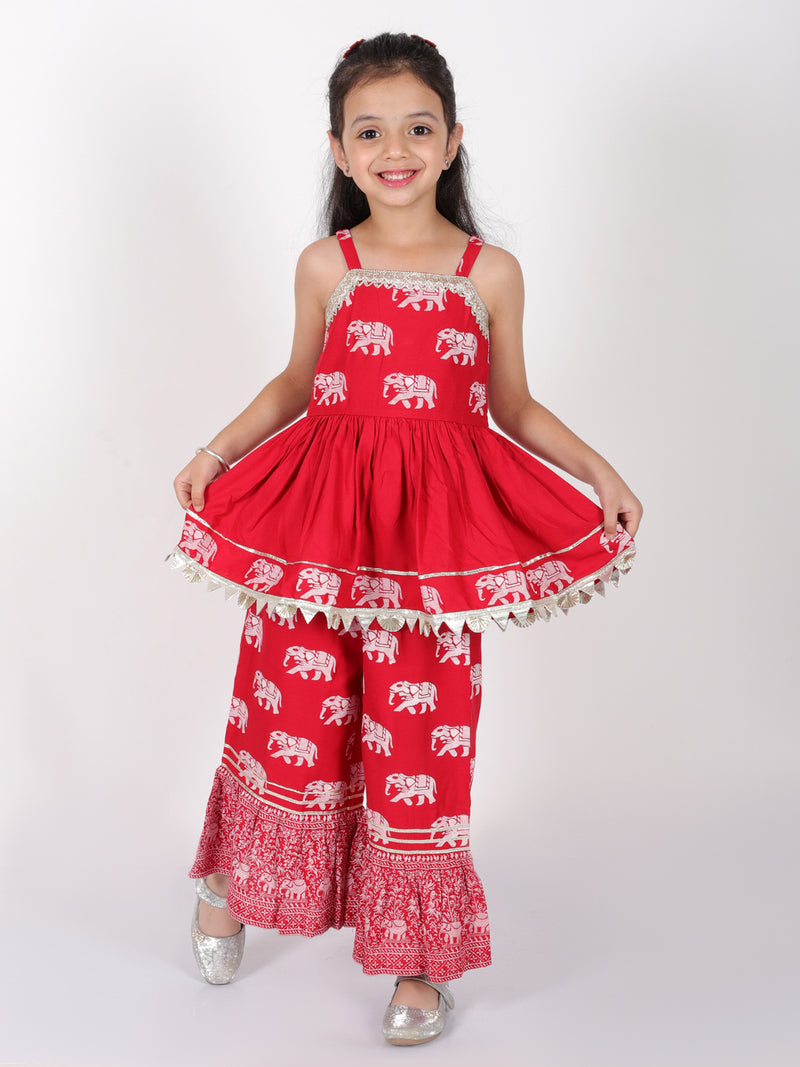Trunk Tales Girls Red Kurta with Sharara Set