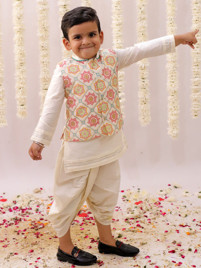 Mishti White Kurta Dhoti and Jacket For Boys