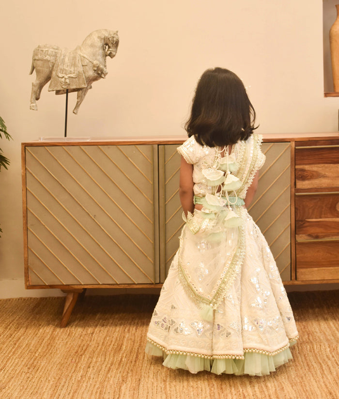 Off White Thread and Gota Embroidery Lehenga Choli with Green Frll