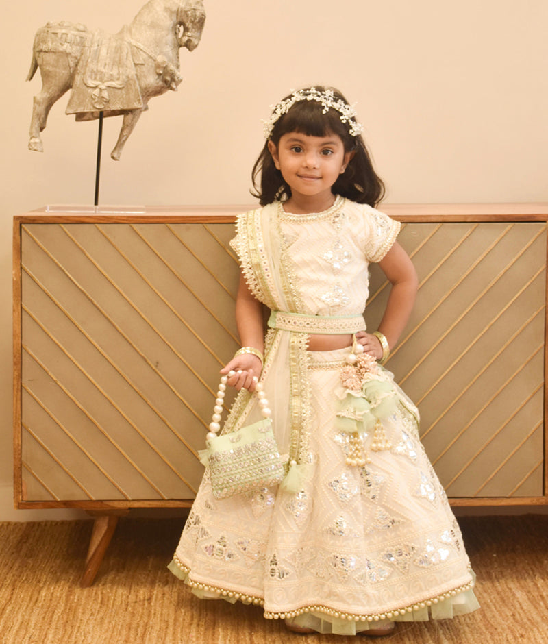 Off White Thread and Gota Embroidery Lehenga Choli with Green Frll