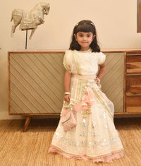 Off White Thread and Gota Embroidery Lehenga Choli with Peach Frll