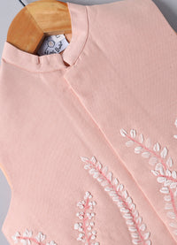 PEACH KURTA WITH LEAFS HAND PAINTED EMBROIDERY BUNDI JACKET WITH PAJAMA SET